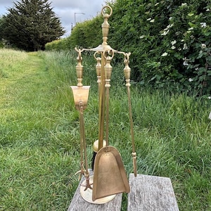 Vintage Brass Fireside Companion Set | Brush, Tongs, Shovel and Poker Round Base Stand Hanging Tools | Retro Traditional Tall Fireplace Sets
