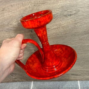 Vintage- Damaged- Mid Century Giant Red Clay Pottery Candle Chamberstick | Drip Pan Candle Holder | Collector Candlestick | MCM Rustic Decor