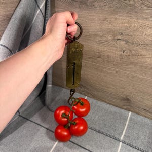 May include: A vintage brass scale with a ring handle, suspending four ripe red tomatoes. The scale features a rectangular face with a measurement gauge. The tomatoes are attached to a green vine.