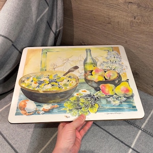 Vintage Charmaine Williamson Large Rectangular Healthy Delicious Food Artwork Chopping Cutting Board | MCM Pastel Retro Melamine Kitchenalia