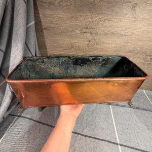 Vintage Lion Face with Ring Handle & Claw Paw Feet Copper Rectangular Jardinière | Rustic Old Wonky Well Used Patinated Planters and Storage