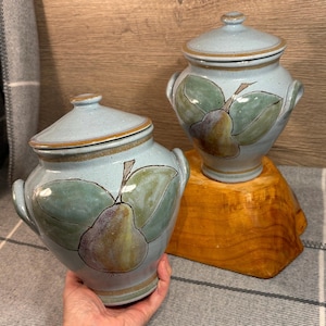 Könnte beinhalten: Zwei Keramikgläser mit Deckel, bemalt mit Birnen und Blättern. Die Gläser sind hellblau mit braunen Akzenten und Griffen. Ein Glas wird von einer Hand gehalten. Das andere Glas steht auf einem Holzständer.