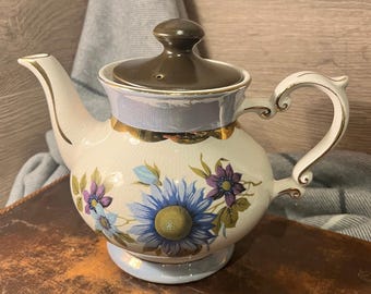 Vintage Gibsons Staffordshire England Gilded Teapot for Two with Purple Clematis and Blue Cornflowers