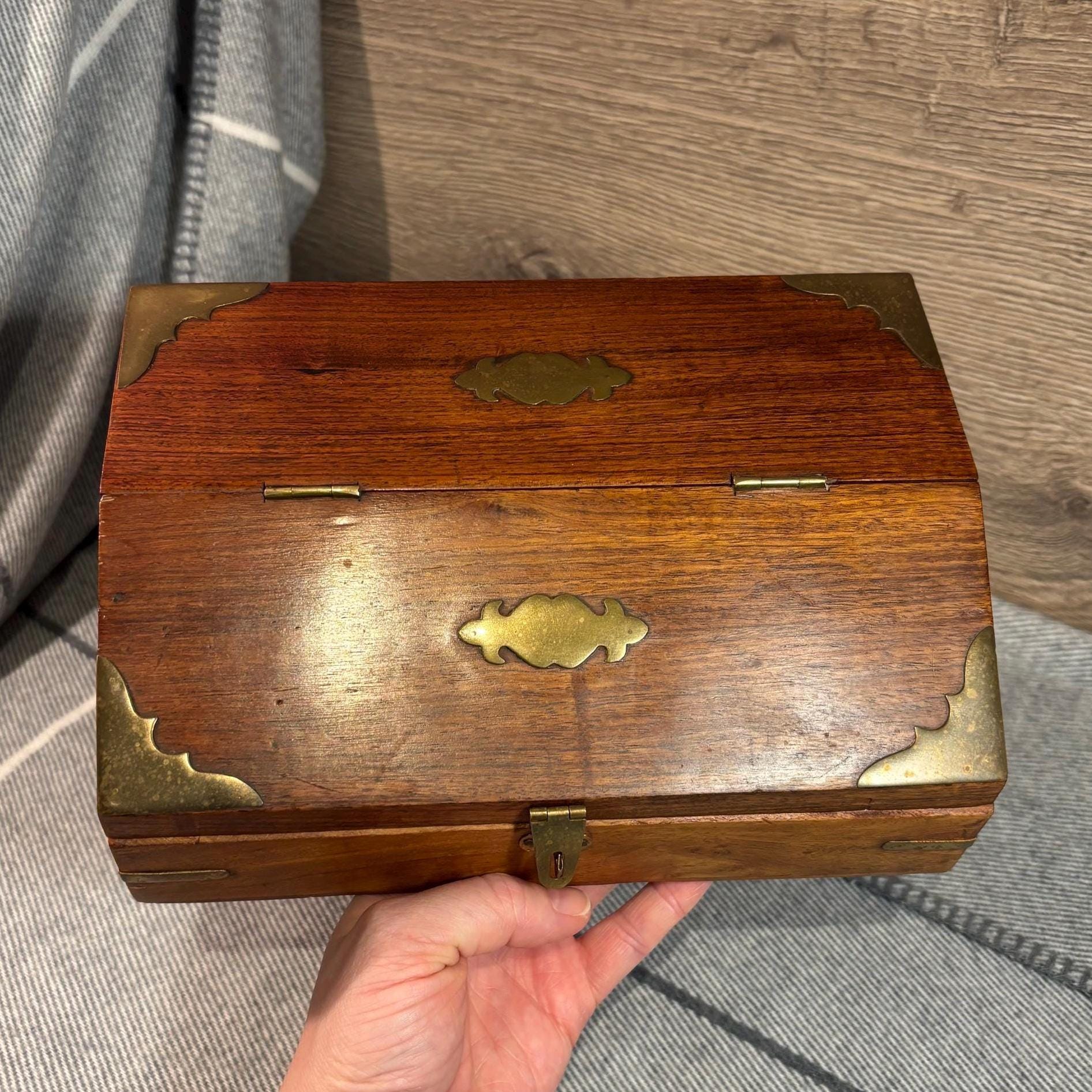 Vintage Hand Crafted Slanted Hinged Top Lid Brown Wood & Brass