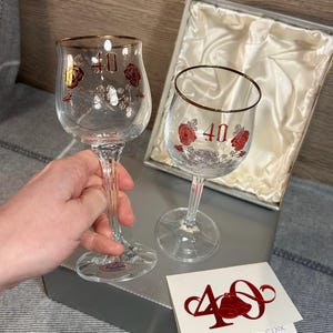 Vintage Bohemia Crystalex Trading Made in Made in Czech Republic 40th Anniversary Gilded Ruby Red Rose Pair of 1990s Glasses in Original Box