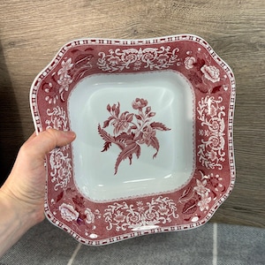 Vintage Antique Early 20th Century Spode&#39;s Camilla Copeland England Red & White Square Bowl | Traditional Collectible English Kitchenalia