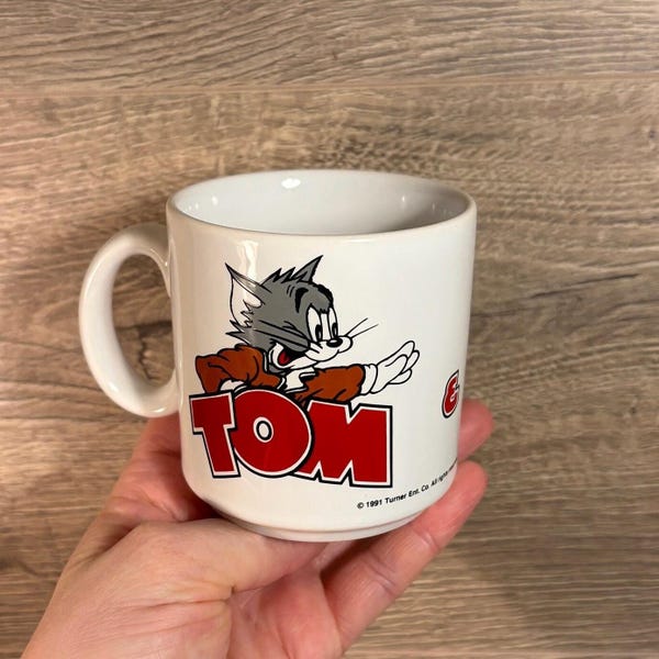 Tazza da caffè piccola vintage del cartone animato Tom & Jerry del 1991, realizzata in Inghilterra / Oggetti da collezione di animazione degli anni '90 / Memorabilia nostalgica dell'infanzia degli anni '90