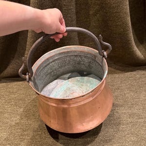 Vintage Hand Crafted Antique Copper Cauldron | Primitive Swing Handle Decorative Cook Pots | Fireplace Cooking Antiques | Rustic Kitchenalia