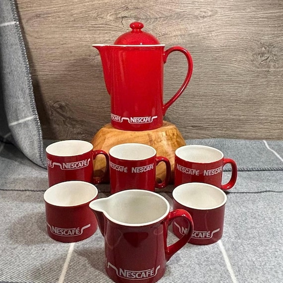 Vintage 1990s Large Red Ceramic Nescafe Coffee Pot Set | Retro Red