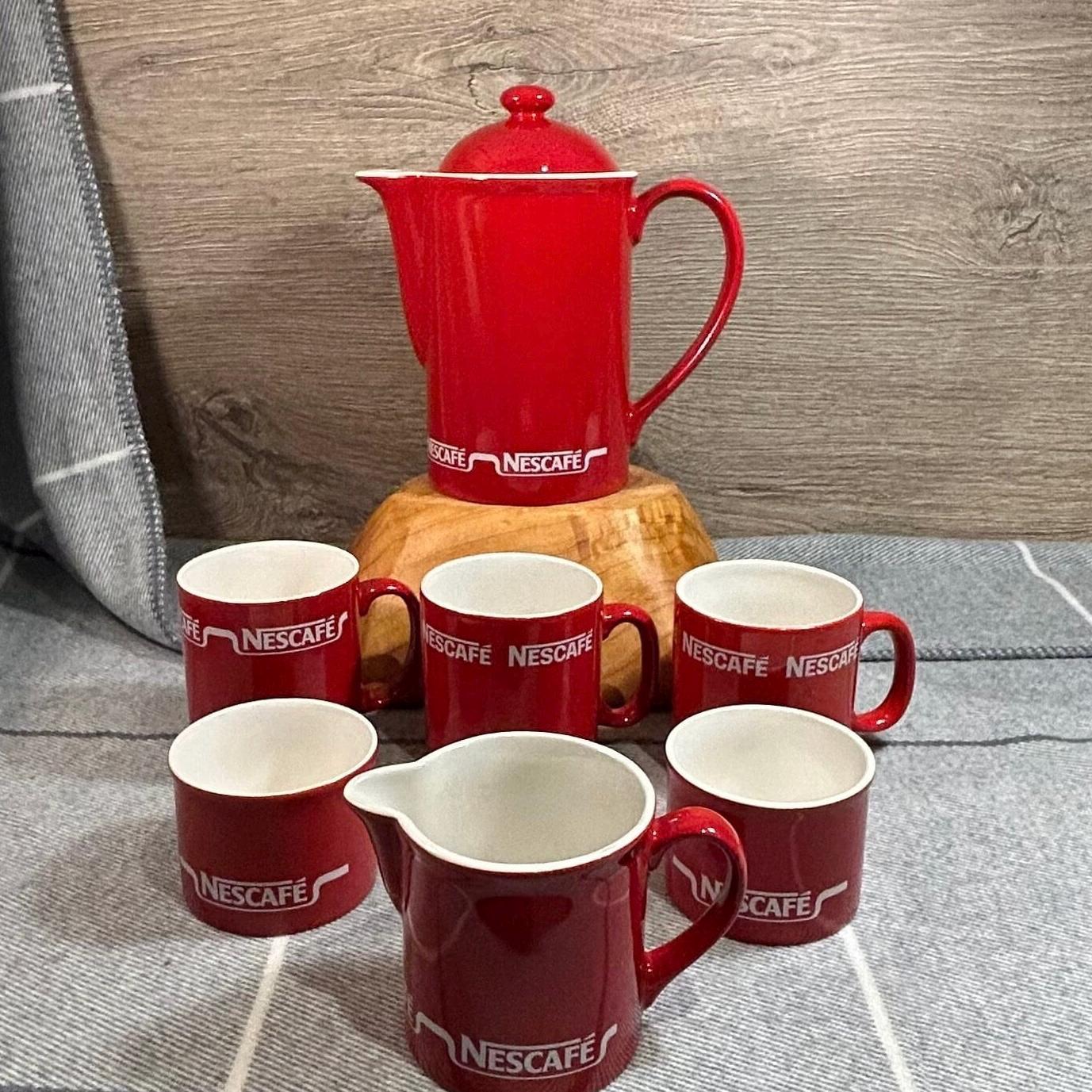 Vintage 1990s Large Red Ceramic Nescafe Coffee Pot Set | Retro Red