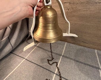 Vintage Solid Brass Large & Heavy Long Rusty Chain Bell on a White Bracket Holder | Ship Nautical Fog Bell | Wall Mounted Hanging Rustic Art