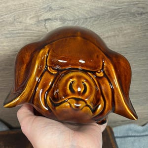 Vintage 1970s Dartmouth Pottery Collectible Brown Glaze Grumpy Not-A-Happy-Pig Piggy Bank Money Box