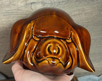 Vintage 1970s Dartmouth Pottery Collectible Brown Glaze Grumpy Not-A-Happy-Pig Piggy Bank Money Box
