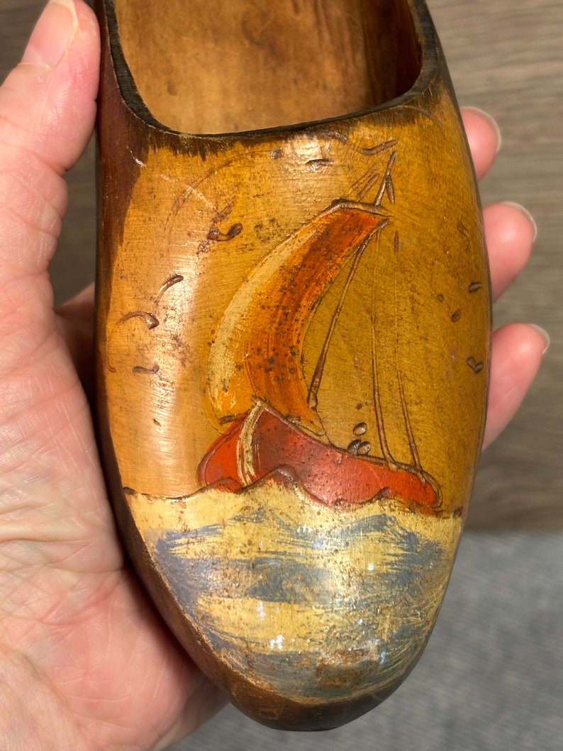 Vintage Hand Crafted & Painted Small Lightweight Dutch Wooden Klomp Shoe with Ship Sailing Boat Motif Wall Hanging Old Nautical Home Decor image 6