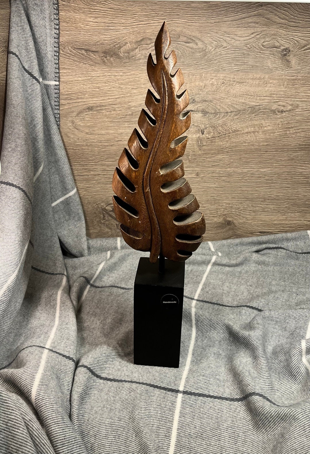 Preloved Dark Wood Minimalist Modernist Abstract Leaf Sculpture of Thai Constellation Monstera