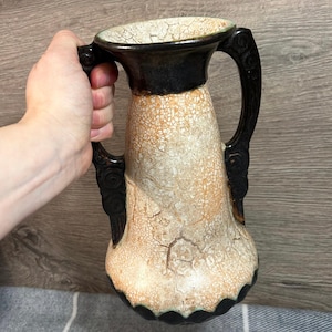 Vintage 1930er Jahre Art Deco Ditmar Urbach Tschechische Keramik Doppelgriff Alienware Marmoroptik Hohe Vase | Czechoslovakia Doppelhenkel Blumenhalter