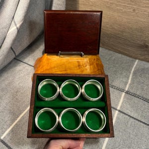 Vintage Silver Tone Metal Round Napkin Rings- Set of 6 in Wooden Box | Elegant Dinner Table Accessories | Six Boxed Silver Serviette Holders