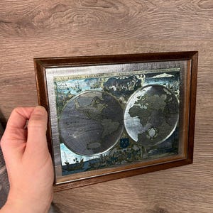 Vintage 1643 World Map 'Nova Totivs Terrarvm Orbis Geographica AC Hydrographica Tabvla' Replica on Aluminium Foil in Small Brown Wood Frame