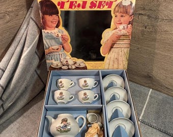 Vintage Girl with a Kitten Motif Children's China Tea Set in Original Box Made in GDR | German Democratic Republic East Germany Collectibles