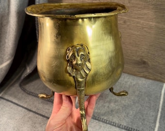 Vintage messing leeuwenkop en poot driepotige jardiniere | Antieke Jardinière-verzamelobjecten | Oude plantenbakken voor binnen | Landelijk rustiek luxe decor