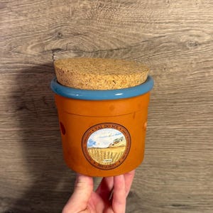 May include: An orange terracotta garlic keeper with a blue rim and a cork lid. The keeper has a circular label with the text "VAL DO SOL" and "FINE QUALITY". The keeper is designed to store garlic.