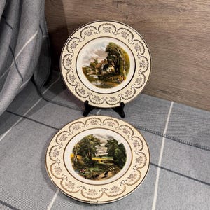 May include: Two decorative plates with landscape scenes. The plates have a cream-colored background with a gold rim and a decorative border. The landscape scenes depict a house near a body of water and a rural scene with people and animals.