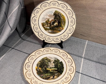Vintage John Constable The Valley Farm & The Cornfield Set of 2 Bone China Wall Plates Made in England | MCM Iconic Landscape Paintings Art