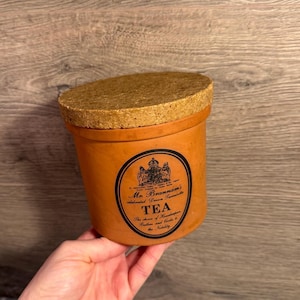 Tarro de almacenamiento redondo para té vintage Mr Brannam's Kitchen con tapa de corcho / Tazas diarias de terracota de Devon, utensilios de cocina rústicos
