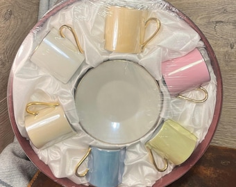 Vintage Iridescent Shimmery Tasses Nacrées Pearly 6-Piece Assorted Gilded Expresso Demitasse Coffee Cup and Saucer Set