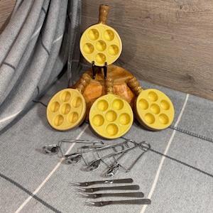 Vintage La Bourguignonne Side Handle Glazed Ceramic Stoneware 6 Hole Snail Dishes-Set of 4 with Escargot Inox Tongs & Forks | French Cuisine