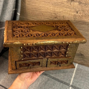 Vintage Hand Crafted Secret Compartment Box | Antique Brass & Brown Wood Storage Crate | Rustic Wooden Hidden Drawer Lidded Treasure Chest