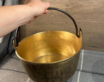Vintage Solid Brass Heavy Boiler Pot | Cast Iron Swing Carry Handle Jam, Marmalade & Chutney Preserving Saucepan | Old Canning Kitchenalia