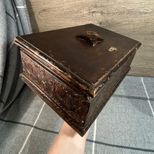 Vintage Antique Hand Crafted & Carved Large Heavy Lidded Rectangular Box with Turtle Ships Motif | Old Storage Collectibles | Nautical Decor