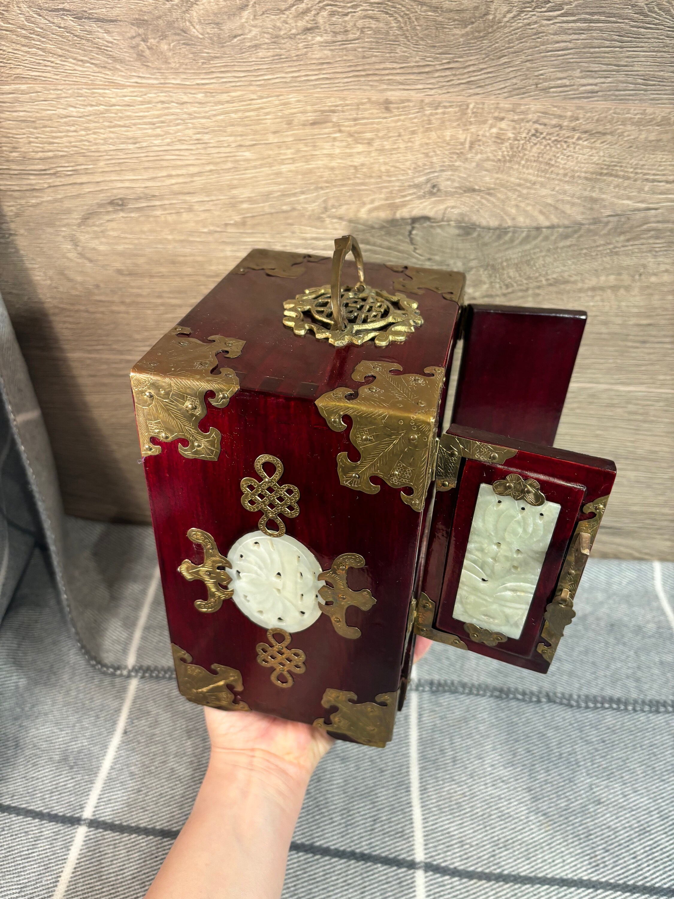 Vintage Chinese Rosewood, Brass & Carved Jade Jewellery Mini