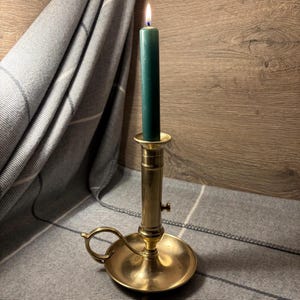 Vintage Solid Brass Push Up Ejector Mechanism Chamberstick | Thumb Rest Finger Loop & Drip Pan Candle Holder | MCM Ring Handle Candlestick