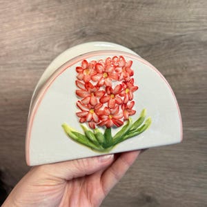 Vintage Hand Painted Ceramic Pink Hyacinth Floral Half Moon Shaped Napkin Holder | Hyacinthus Orientalis Pink Pearl Botanical Home Art Decor
