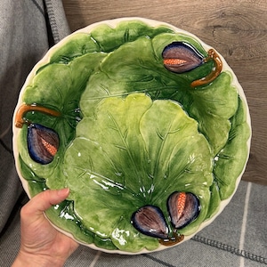 Vintage Hand Painted Ceramiche Leonardo Made in Italy Ceramic Majolica Large Fig & Leaf Summer Fruit Bowl | Hand Made Italian Kitchenalia