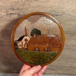 Vintage Marquetry Inlaid Wood Veneer Hand Crafted Artwork Round Relief Wall Hanging | Mosaic Rural Village Chapel Tranquil Scenery Picture