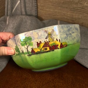 Vintage circa 1920 Antique Hand Painted Rare Early B.P.Co. Ltd. Britannia Pottery Company Octagonal Blue and Green Windmill Lustre Bowl