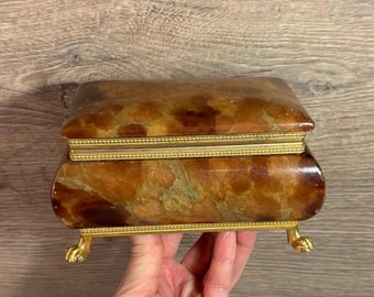 Vintage Genuine Alabaster BB Hand Carved in Italy Lion Claw Feet Jewellery Box | Mediterranean Maximalist Boudoir Hinged Lid Jewels Storage