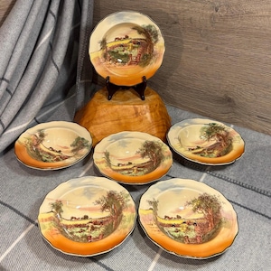 Vintage D5694 Royal Doulton &#39;Rustic England&#39; Regd Australien 16306/7/8 Schalen Made in England | Englische Landschaft Sammlerstücke