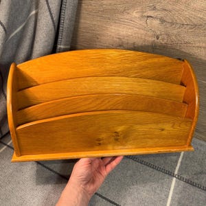 Organizador de documentos A4 vintage feito à mão em madeira natural bege grande | Suporte para correspondência de escritório em madeira | Suporte para cartas e cartões