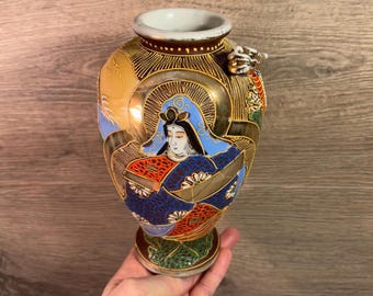 Vintage pintado à mão 'Foreign' Moriage japonês Moriage dourado dragão vaso | Oriental Home Decor colecionável | 1960s Art Pottery do Japão