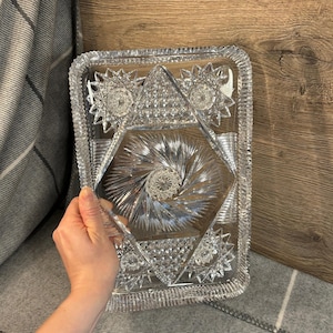 Vintage Heavy Pinwheel Clear Crystal Rectangular Decorative Tray| Mid Century Boudoir Dressing Table Decor & Accessories | MCM Glass Barware