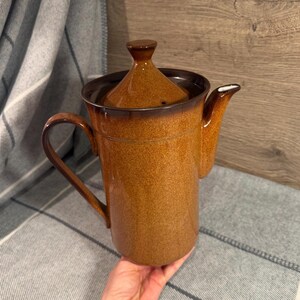 May include: A brown ceramic teapot with a lid and a handle. The teapot has a speckled texture and a dark brown rim. The spout is curved, and the handle is arched. The teapot is designed for brewing and serving tea.
