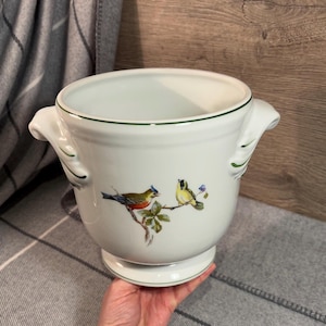 Op de afbeelding: Witte keramische plantenbak met groene rand en twee geverfde vogels aan de zijkant. De plantenbak heeft twee handvatten aan de zijkanten.