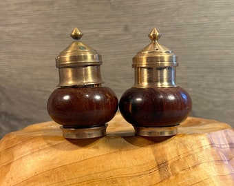 Vintage Brass and Walnut Gold Tone Wooden Salt and Pepper Shakers- 1 is Damaged | Collectible Brass Kitchenalia | Cooking & Seasoning Decor