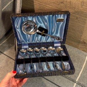 Può includere: Un set di otto cucchiaini d'argento e un cucchiaio da portata in una scatola foderata in velluto blu. La scatola ha una chiusura dorata e le parole "Chrome Stainless" sono stampate all'interno del coperchio.