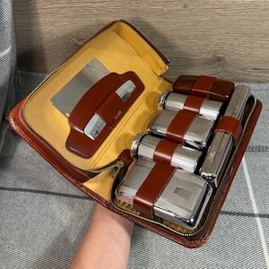 Custodia da toeletta vintage da uomo in vera pelle di mucca / Kit per la cura della persona in acciaio cromato Made in England / Set da viaggio retrò in pelle marrone chiaro / Set da uomo retrò