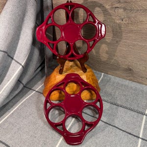 Vintage Heavy Round Red Cast Iron Enamel Coated Non Slip Base Trivet with Large 6 Circular Holes | Farmhouse Hot Plates & Pot Stand Holders